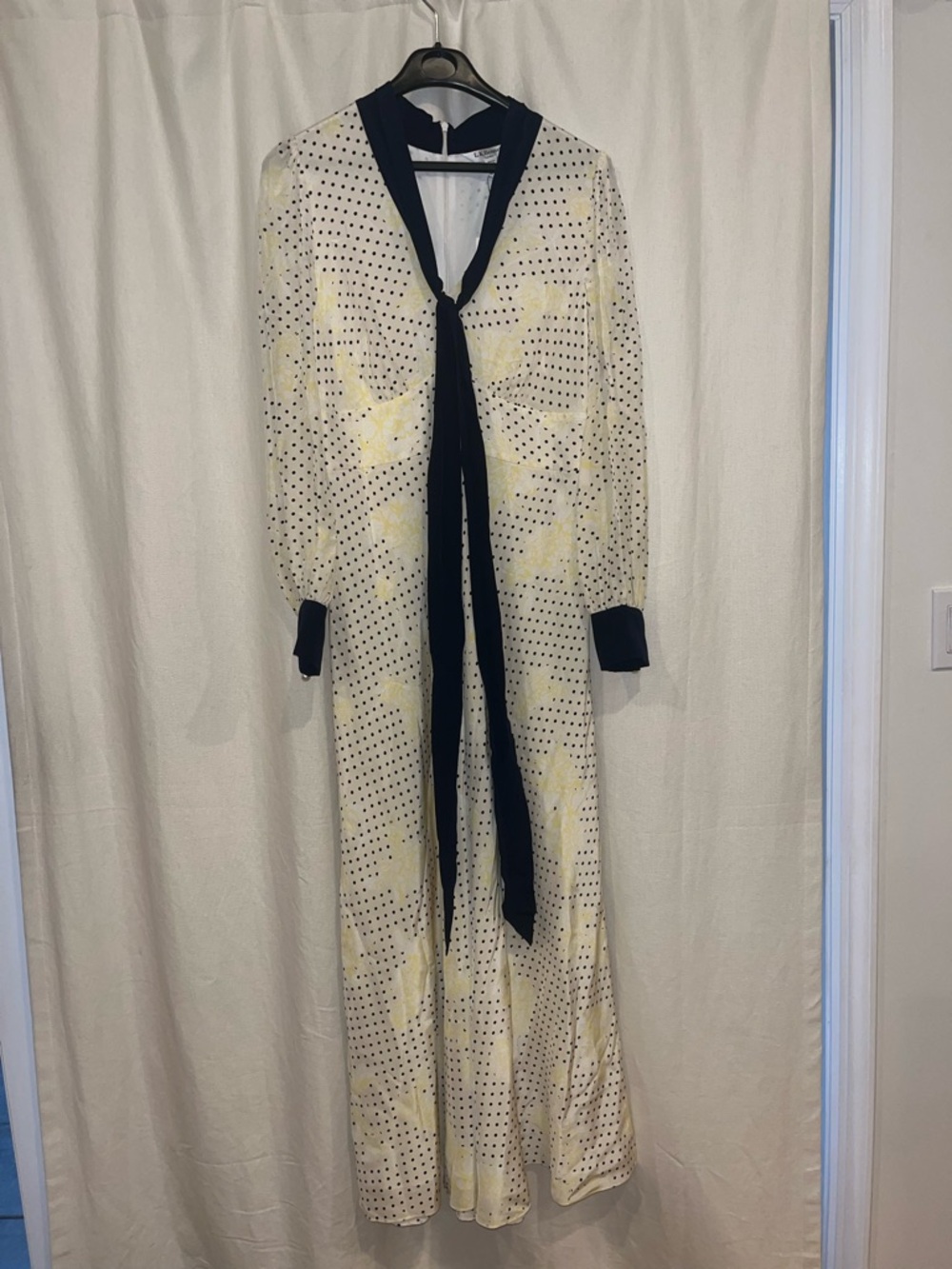 LK Bennett Cream Maxi Dress with Black Tie and Polka Dots